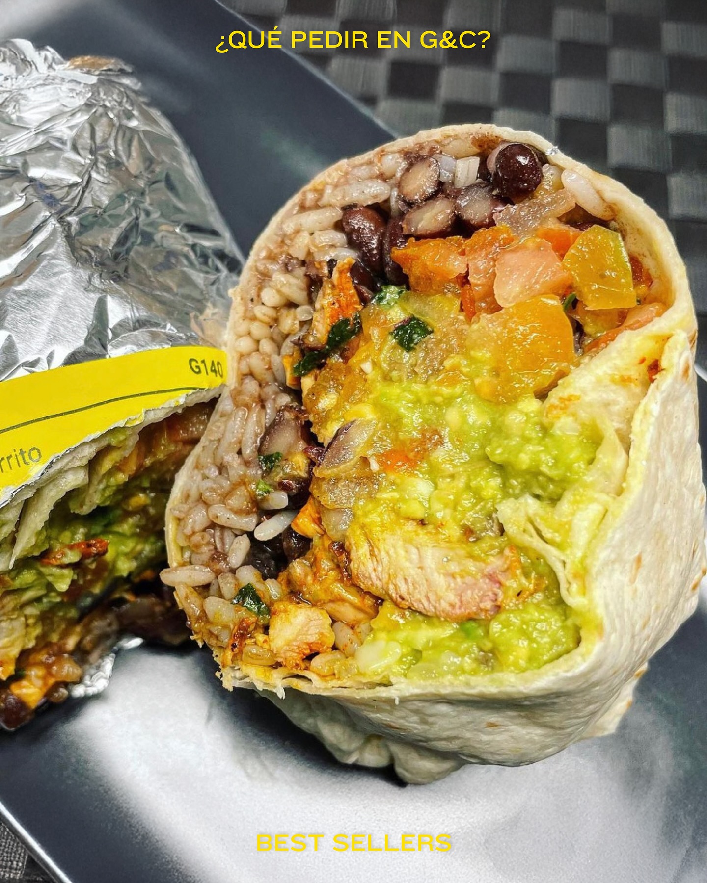 An open burrito with guacamole and its ingredients