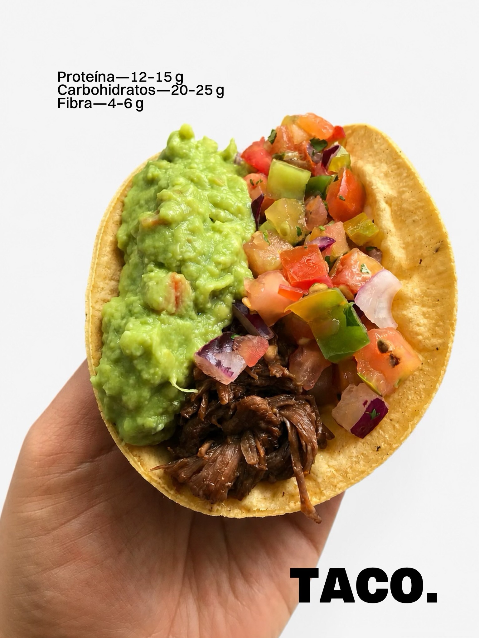 A taco with guacamole and pico de gallo